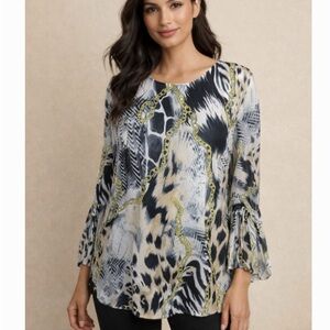 NWT Nygard Women's Animal Print tunic blouse with oversized pleated sleeves